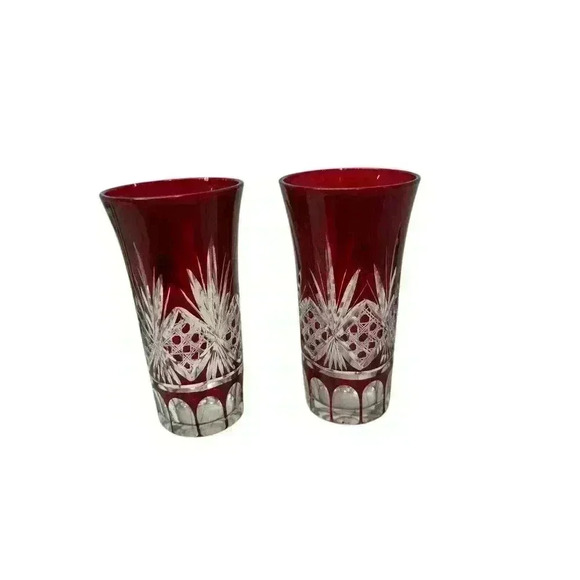 2 Vintage Ruby Red Cut Clear Bohemian Glass 4" Small Vases Antique - Picture 1 of 7